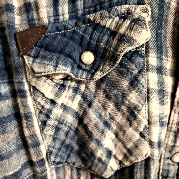 Silver Blue Plaid Soft Light  Flannel Stone Buttons Boho Western Women's Large - Picture 7 of 15